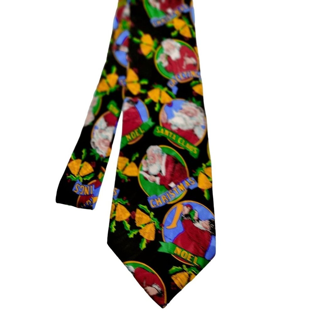 Addictions Holiday Silk Tie Christmas Santa Claus Bell Noel Black Colorful Handm